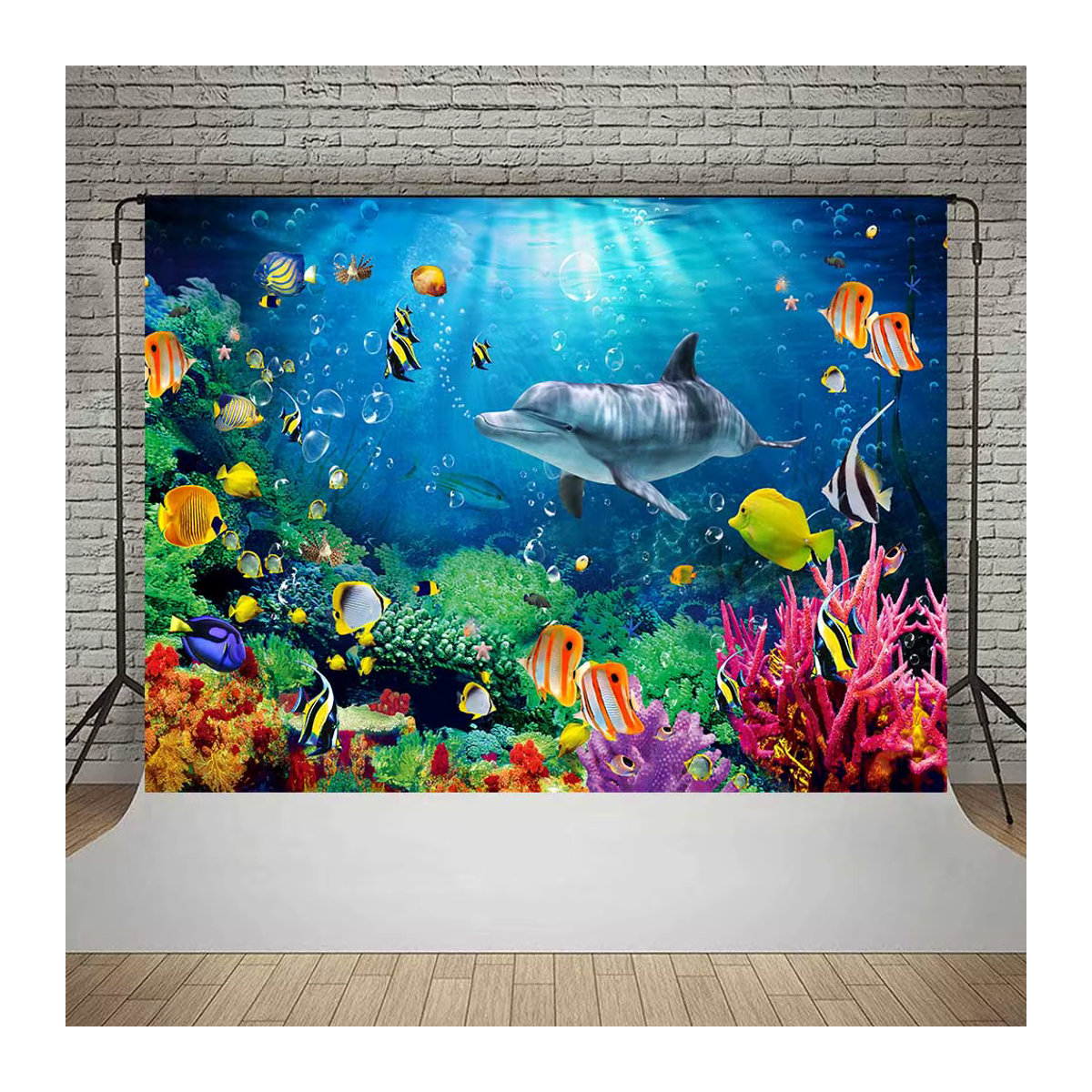 Bonvvie Unterwasser Welt Fotohintergrund mit Delphin, Korallen und Algen in Blau für Kindergeburtstag und maritime Dekoration - Bild 3