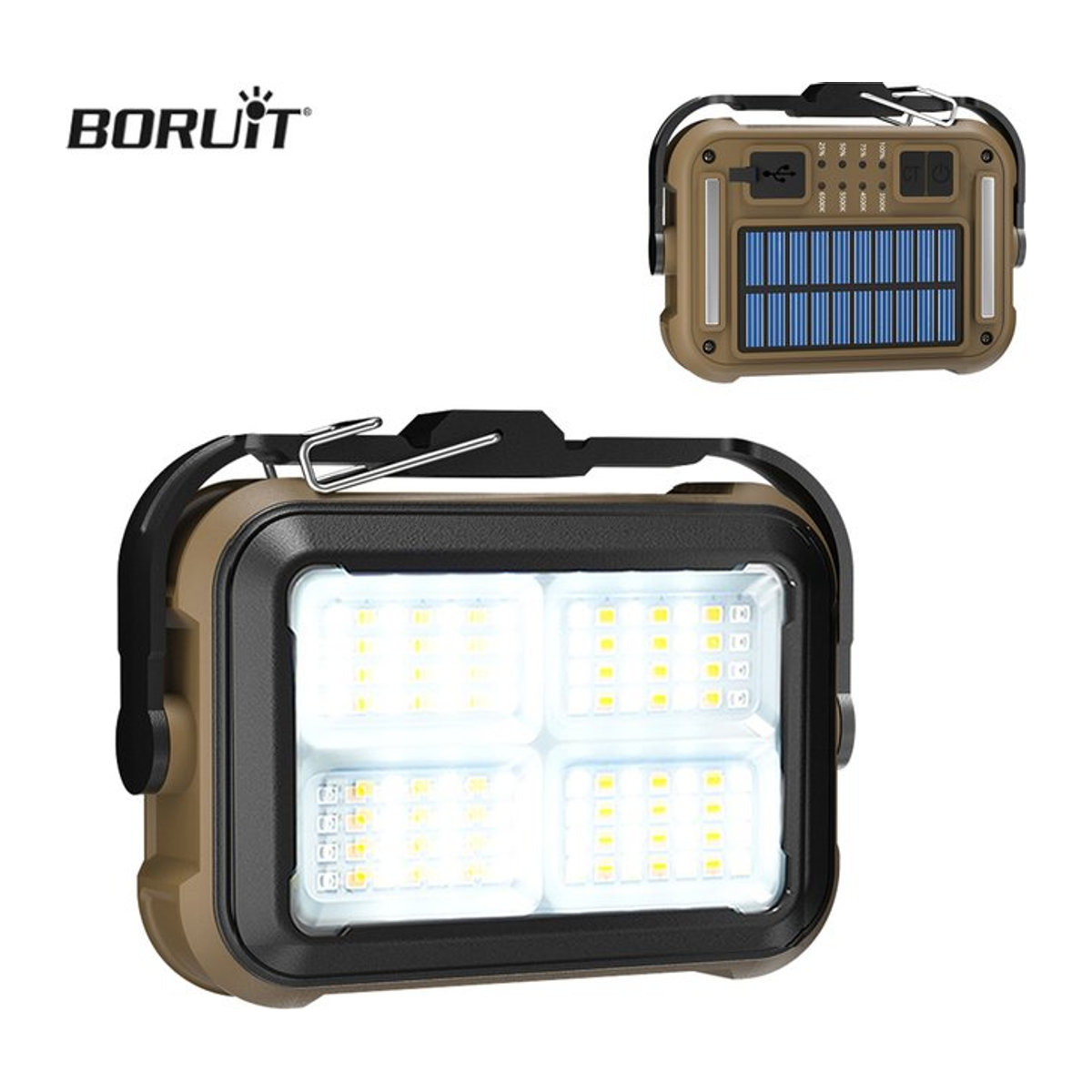 Boruit LED Arbeitsleuchte mit Magnet und Solaraufladung, 360 Grad Beleuchtung, COB Campinglicht und Taschenlampe für Auto Wartung und Reparatur mit Haken - Bild 1