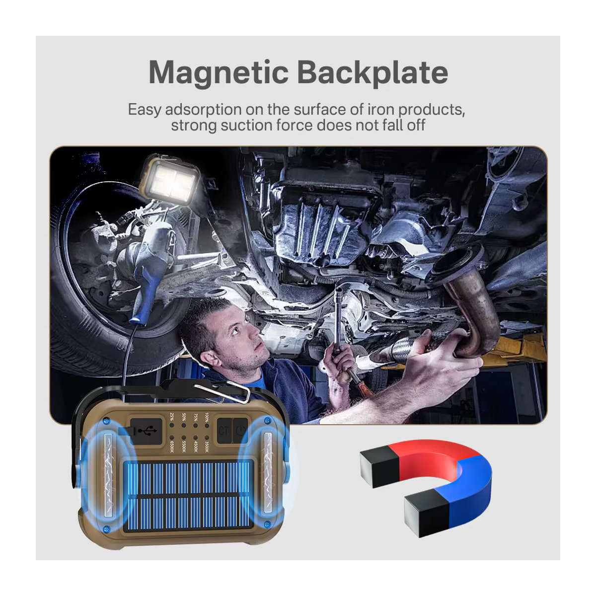 Boruit LED Arbeitsleuchte mit Magnet und Solaraufladung, 360 Grad Beleuchtung, COB Campinglicht und Taschenlampe für Auto Wartung und Reparatur mit Haken - Bild 5
