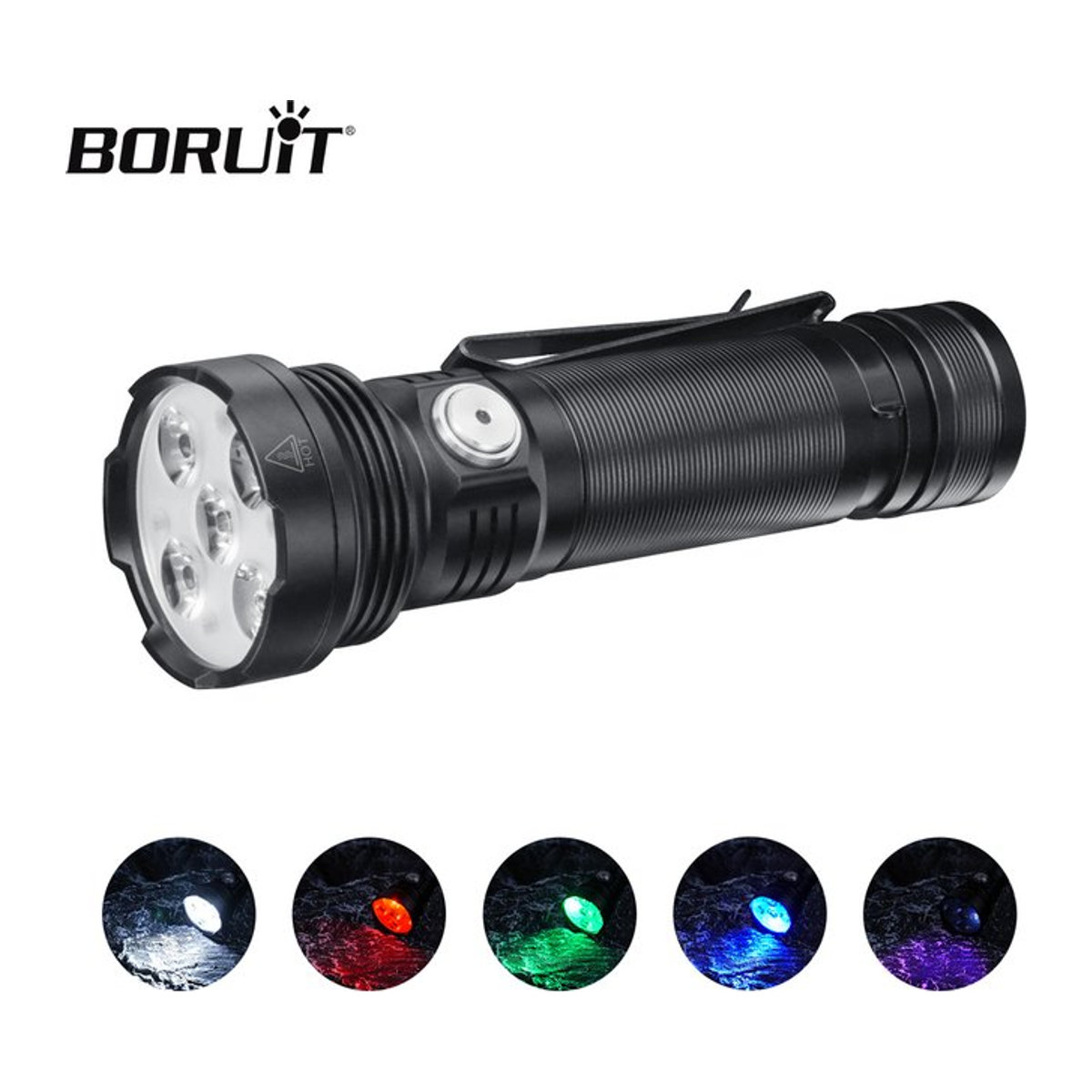 BORUiT LED-Taschenlampe mit 5-Farben-Lichtquelle und Typ-C-Ladeanschluss, wiederaufladbare 18650-Taschenlampe inklusive UV-Licht für Camping und Angeln - Bild 1