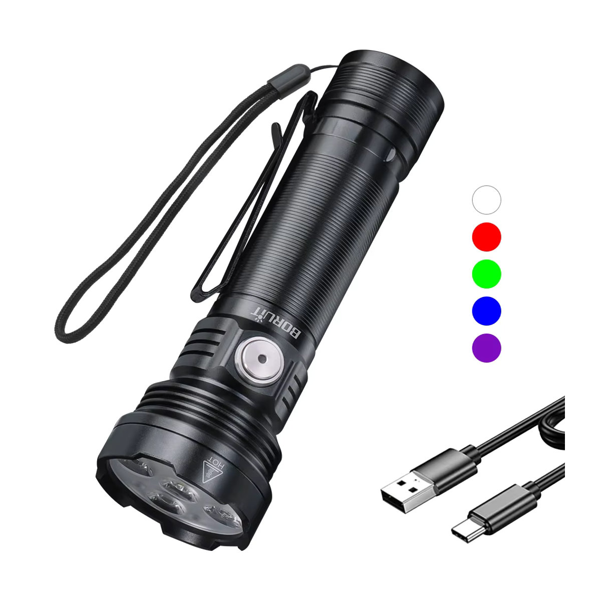 BORUiT LED-Taschenlampe mit 5-Farben-Lichtquelle und Typ-C-Ladeanschluss, wiederaufladbare 18650-Taschenlampe inklusive UV-Licht für Camping und Angeln - Bild 6