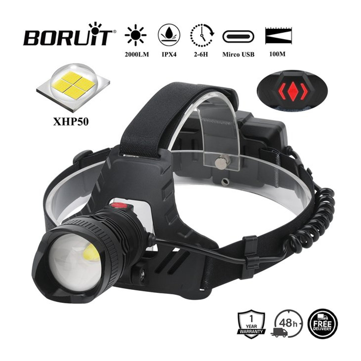 BORUiT LED Zoombare Kopf-Taschenlampe mit 2000LM XHP50, aufladbar via Micro USB und wasserdicht für Camping und Angeln - Bild 1