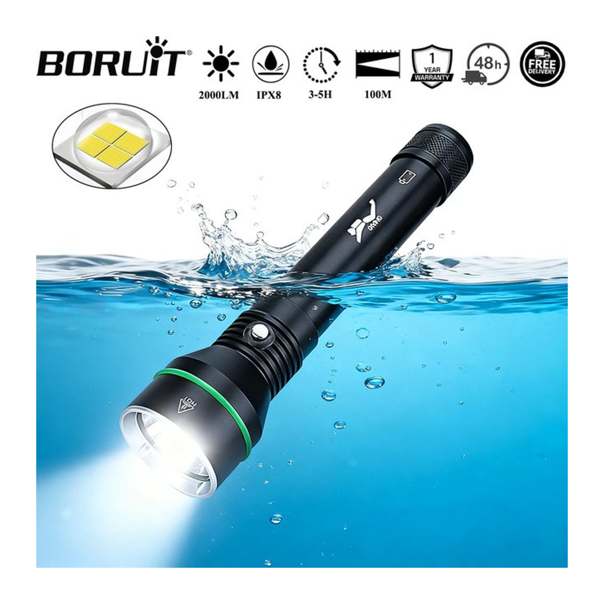 BORUiT S5 Unterwasser Taschenlampe mit 2000LM XHP70 LED, IPX8 wasserdicht bis 110m Tiefe, Tauchen und Speerfischen - Bild 1