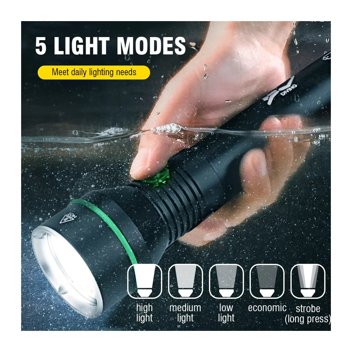 BORUiT S5 Unterwasser Taschenlampe mit 2000LM XHP70 LED, IPX8 wasserdicht bis 110m Tiefe, Tauchen und Speerfischen - Bild 2
