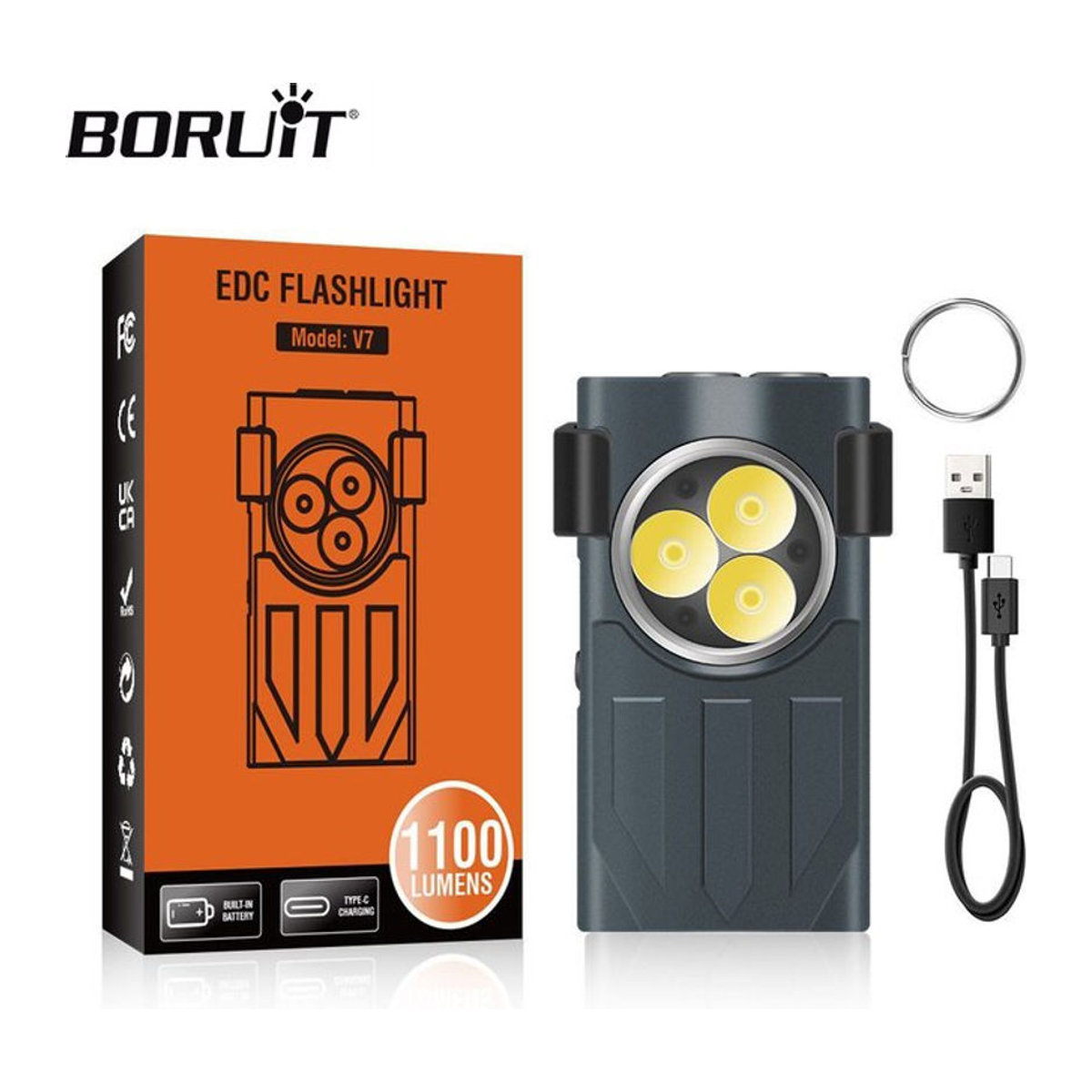 BORUiT V7 LED EDC Schlüsselanhänger-Taschenlampe mit 1100 lm, wiederaufladbar via USB-C, Mini-Taschenlampe mit Clip, Magnet und rotem UV-Licht, modern - Bild 1