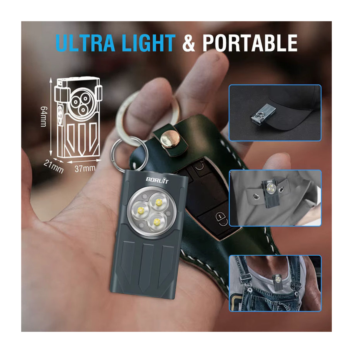 BORUiT V7 LED EDC Schlüsselanhänger-Taschenlampe mit 1100 lm, wiederaufladbar via USB-C, Mini-Taschenlampe mit Clip, Magnet und rotem UV-Licht, modern - Bild 5