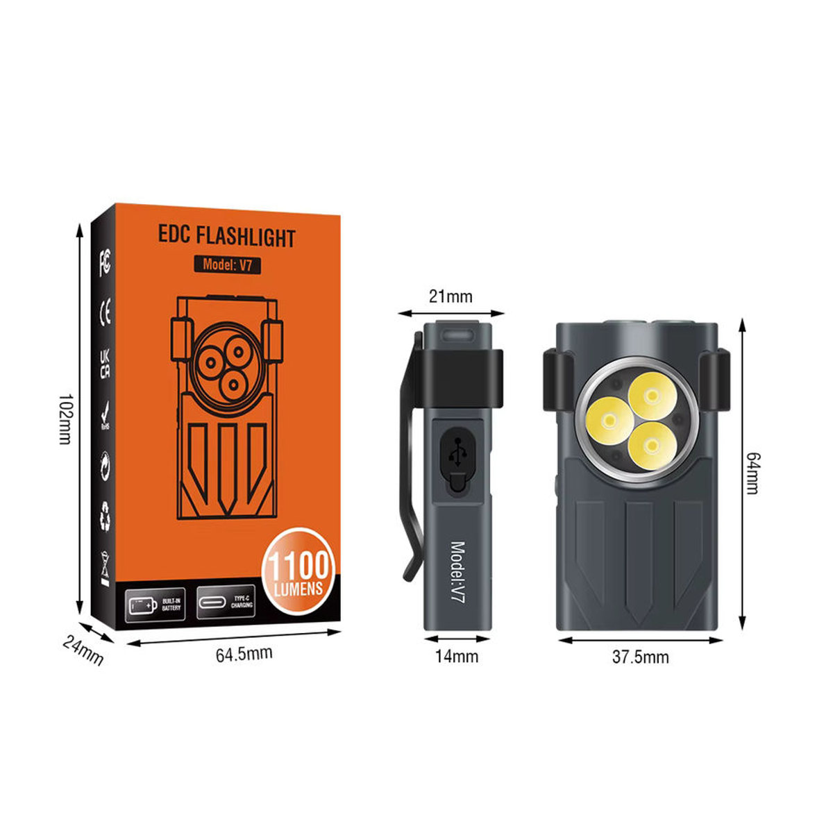 BORUiT V7 LED EDC Schlüsselanhänger-Taschenlampe mit 1100 lm, wiederaufladbar via USB-C, Mini-Taschenlampe mit Clip, Magnet und rotem UV-Licht, modern - Bild 6