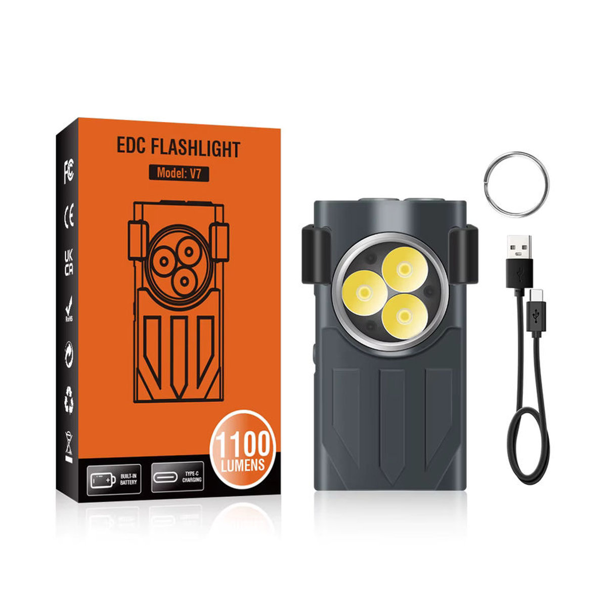 BORUiT V7 LED EDC Schlüsselanhänger-Taschenlampe mit 1100 lm, wiederaufladbar via USB-C, Mini-Taschenlampe mit Clip, Magnet und rotem UV-Licht, modern - Bild 7