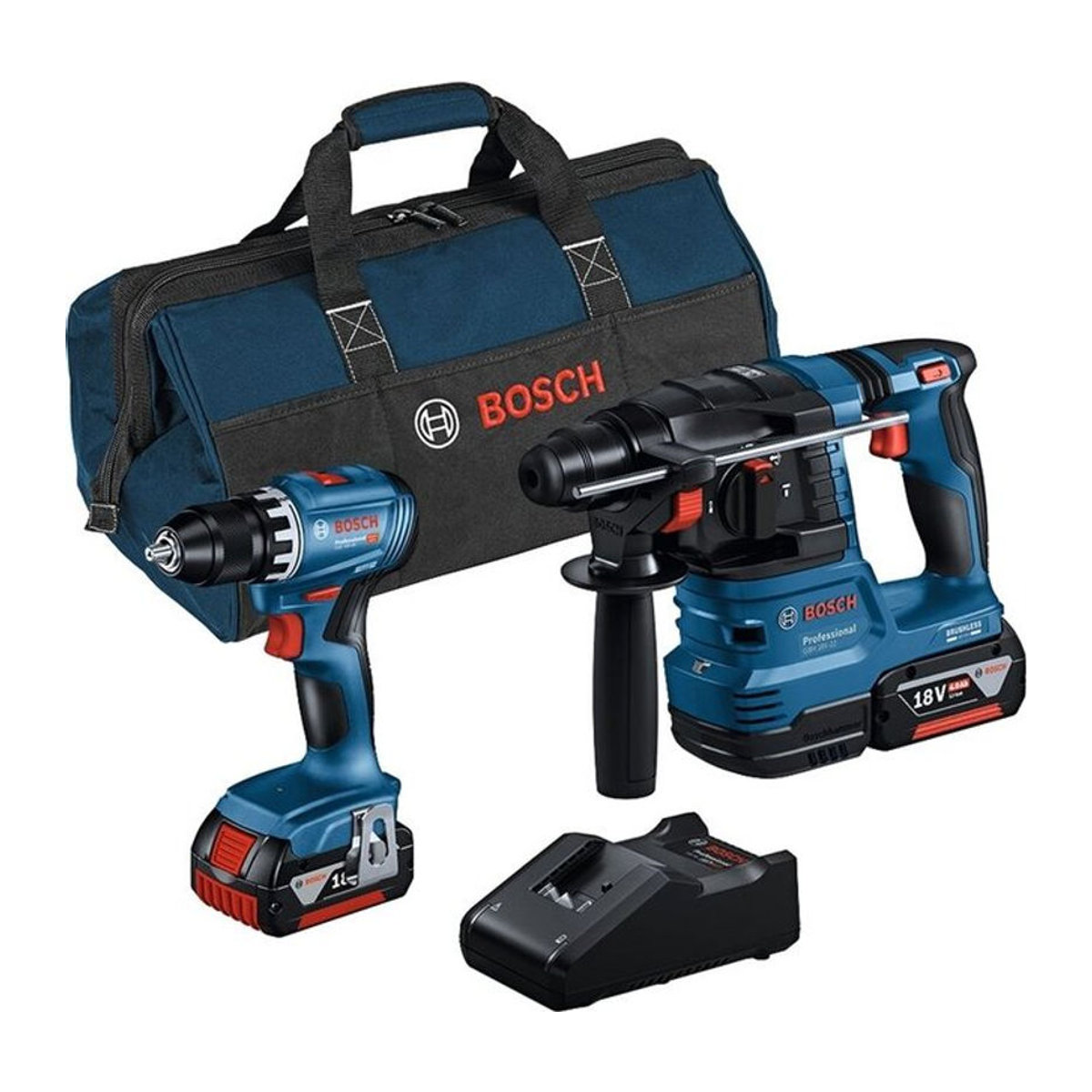 Bosch Werkzeugset 18V Combo Kit mit GSR 18V-45 Akku-Schrauber, GBH 18V-22 Bohrhammer, 2 x 4.0Ah Akkus, Ladegerät und Tasche - Bild 1
