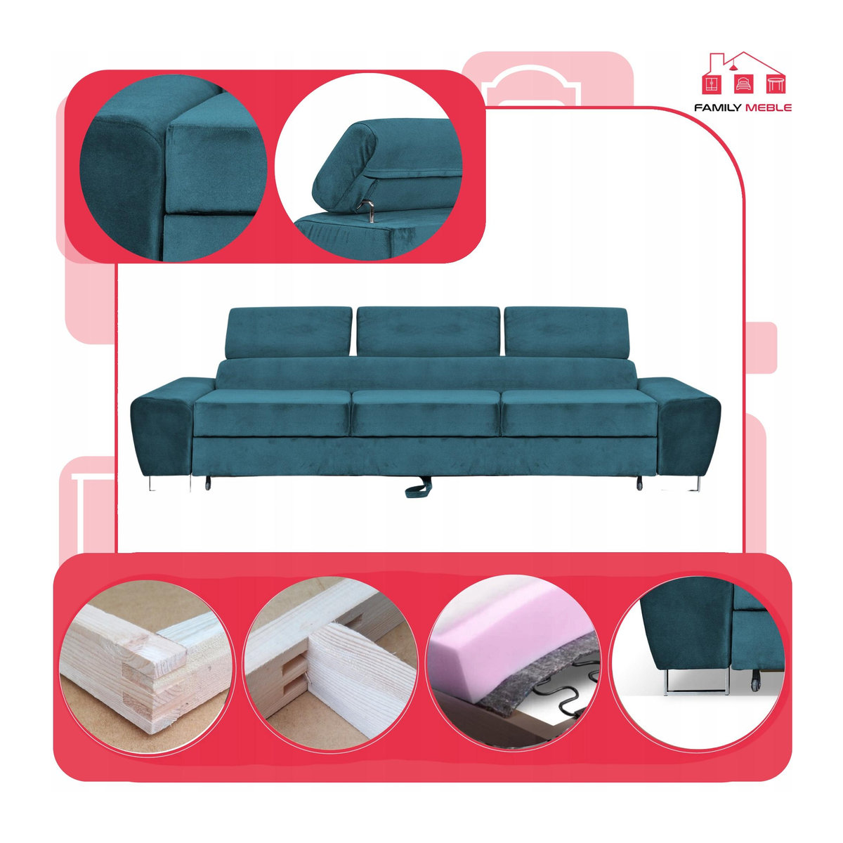 Bosso Family Möbel 3-Sitzer Schlafsofa aus blauem Samt mit Schlaffunktion - Bild 6