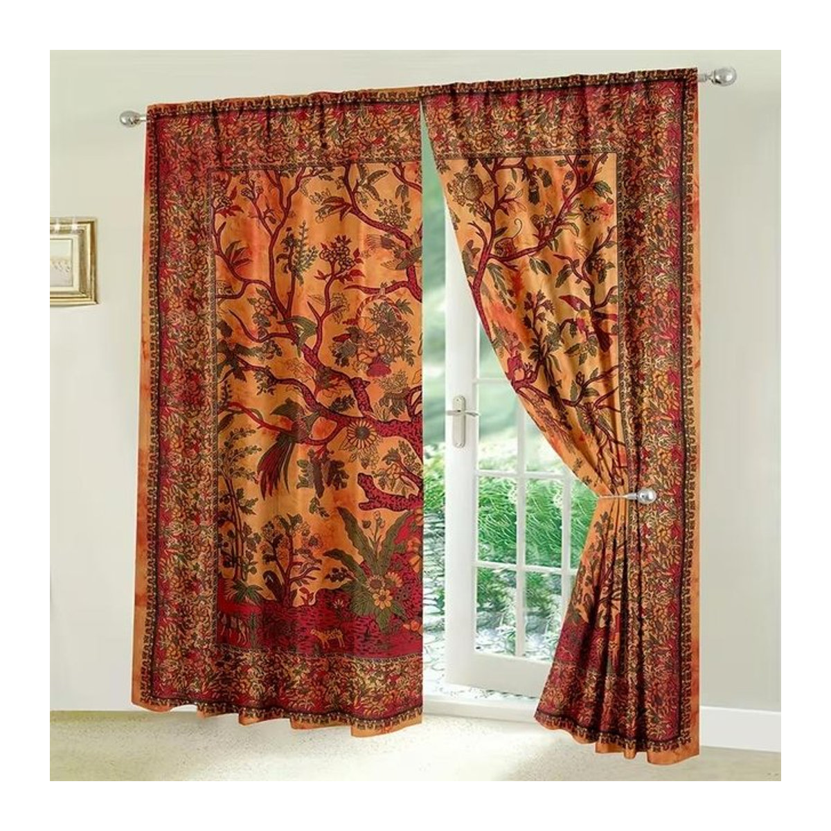 Botanisches Vorhang-Set von Tonnika Chen in Rot und Orange mit floralem Baum-Muster im Retro-Stil, blickdicht, Breite: 100 cm, Höhe: 70 cm - Bild 1