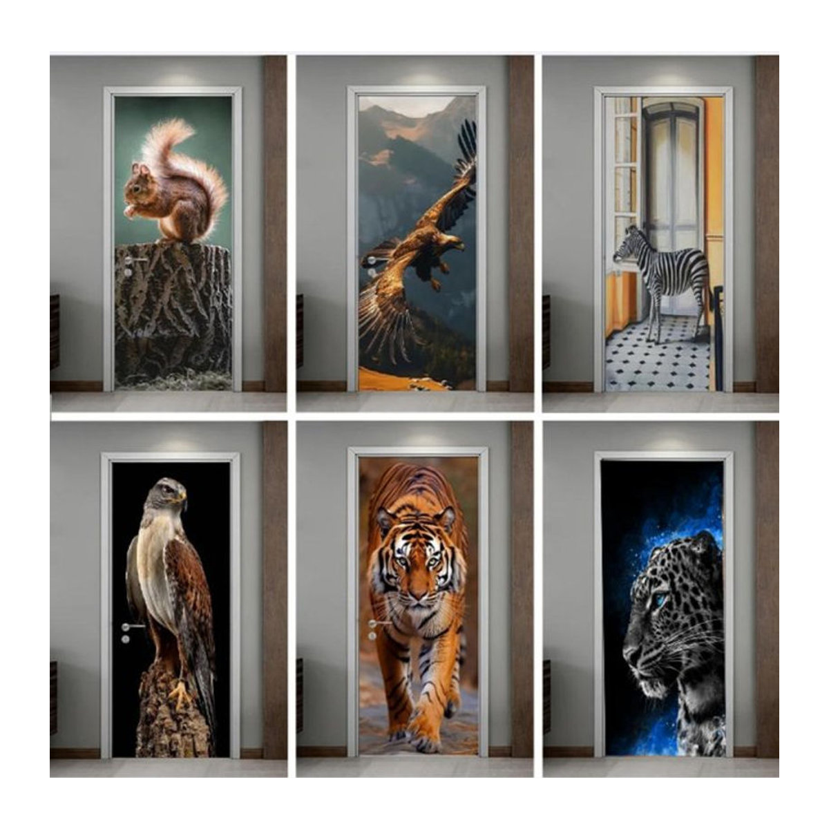 BOUSSAC 3D Tier Tür Aufkleber selbstklebend wasserdicht aus PVC mit Tiger und Wolf Motiv in Grau und Mehrfarbig - Bild 1