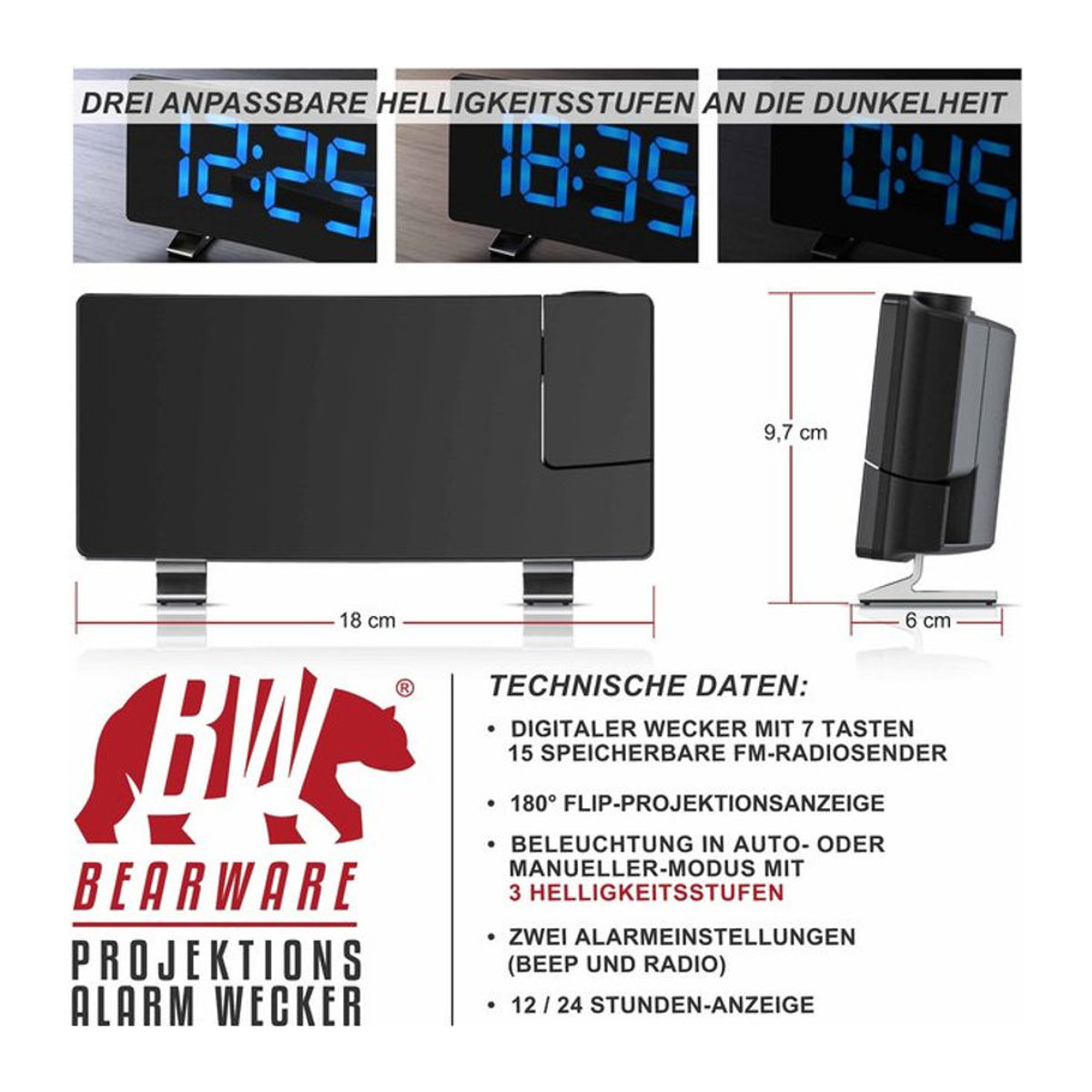 Brandson Digital Projektionswecker mit Radio, Schwarz, Dimmer, Schlummerfunktion und Beleuchtung - Bild 2