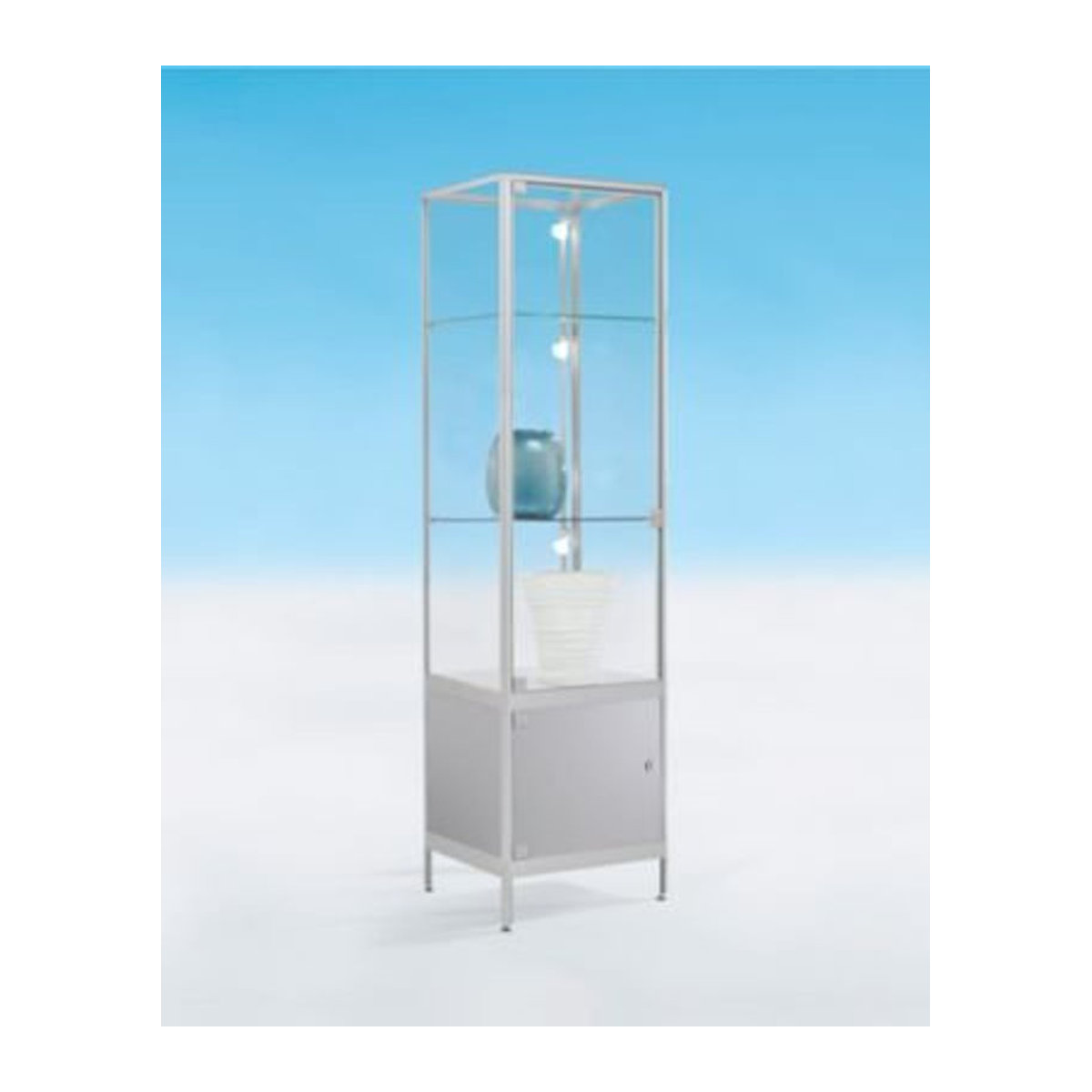 BST Vitrinenschrank Silber mit 3 Fächern und 1 Staufach, Brandschutzklasse B1, B/T/H: 50 x 50 x 195 cm, Aluminium/Glas/Metall - Bild 1