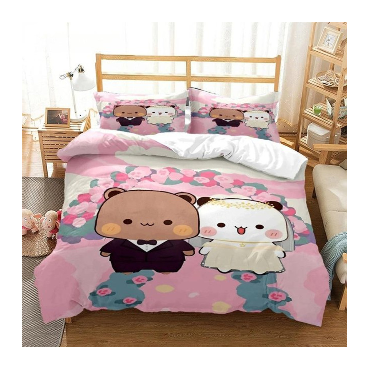 Bubu Dudu Bettwäsche-Set mit Cartoon-Bär und Panda, Kawaii Bettbezug und Kissenbezüge mit Reißverschluss, Breite: 70 cm, Länge: 133 cm - Bild 1