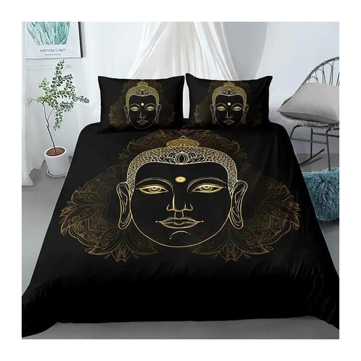 Buddha Bettwäsche Set King Size aus Mikrofaser mit goldenem Buddha-Statue Druck in Gold, 2-teilig, Breite: 133 cm, Länge: 200 cm - Bild 1