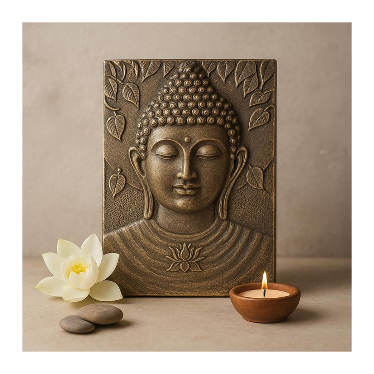 Buddha Relief Wandkunst Blatt in Antik Gold von SHAMTAM, Wandmontage, B: 70 cm, H: 100 cm - Bild 1