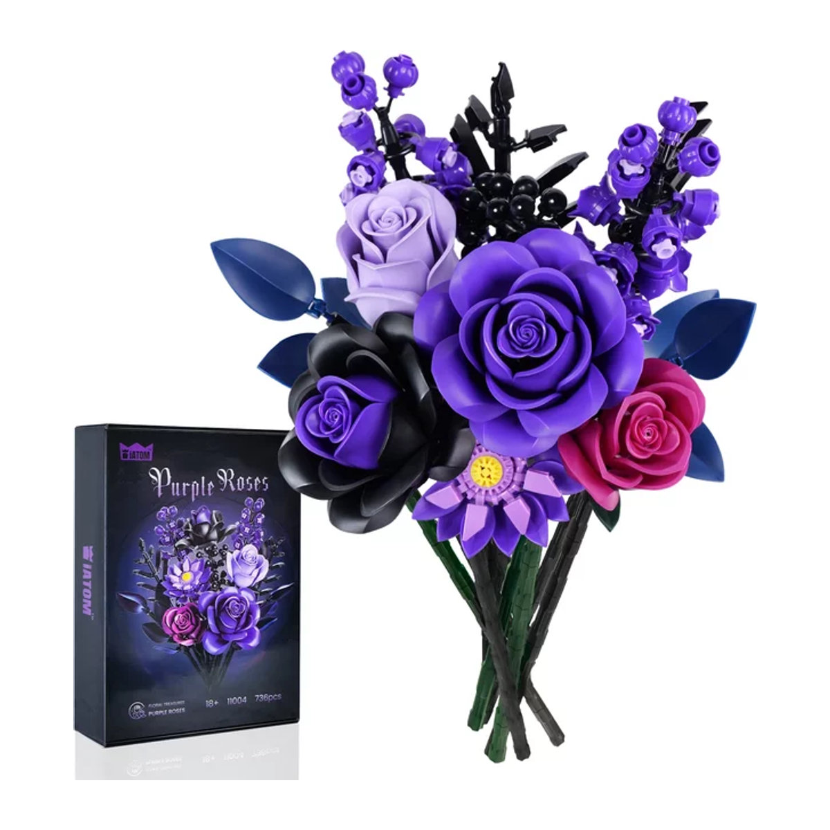 BuildMOC Botanisches Baustein-Set Lila Rose, künstlicher Rosenblumenstrauß in Gothic-Optik als Modellspielzeug - Bild 1