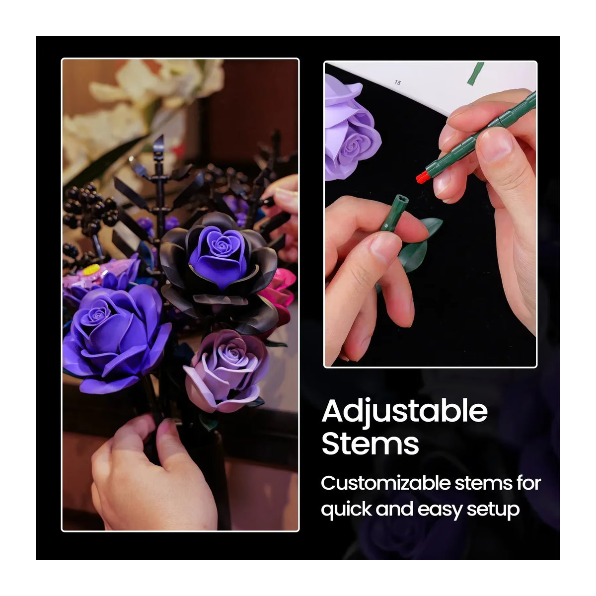 BuildMOC Botanisches Baustein-Set Lila Rose, künstlicher Rosenblumenstrauß in Gothic-Optik als Modellspielzeug - Bild 4