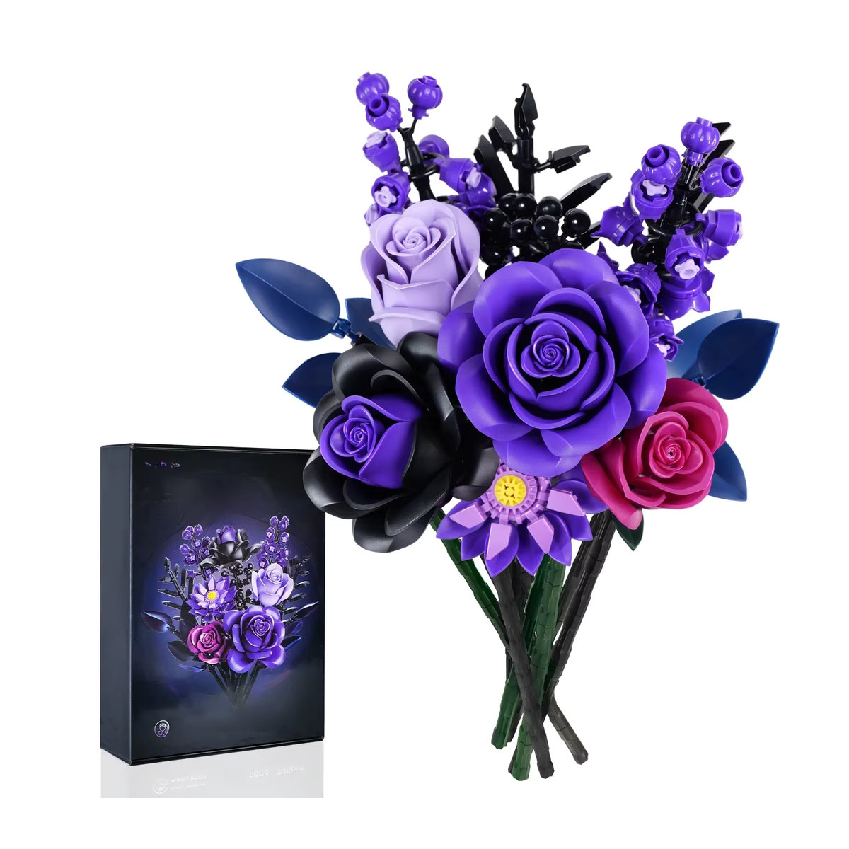 BuildMOC Botanisches Baustein-Set Lila Rose, künstlicher Rosenblumenstrauß in Gothic-Optik als Modellspielzeug - Bild 7