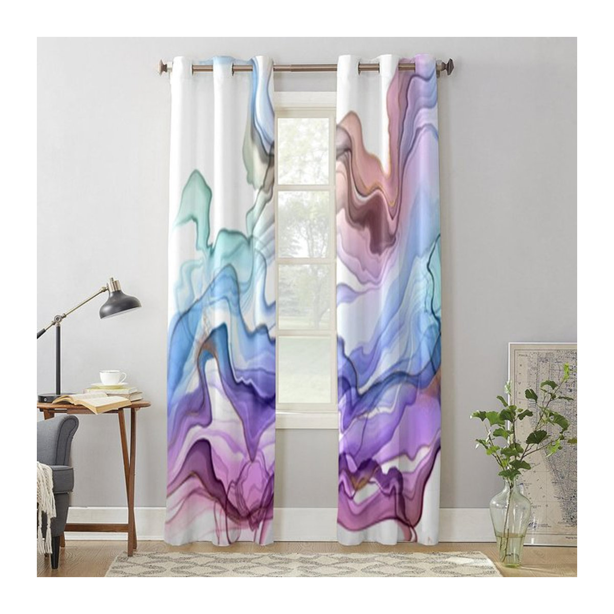 Bunter abstrakter Marmor-Fenstervorhang halbtransparent für Kinderzimmer, Wohnzimmer und Schlafzimmer, Breite: 135 cm, Höhe: 60 cm - Bild 1