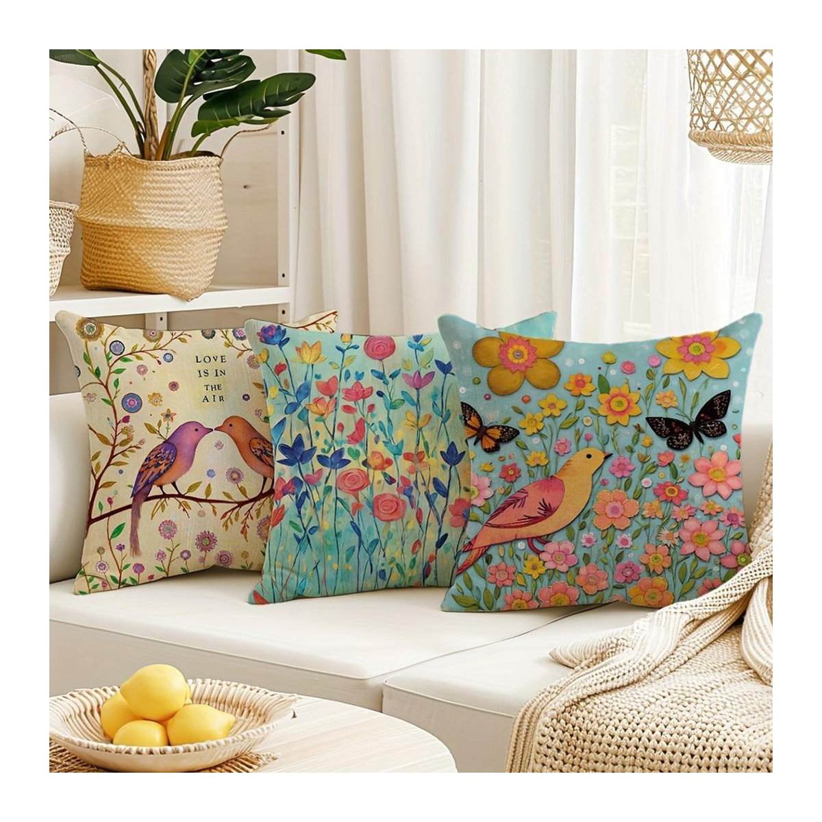 Bunter Kissenbezug mit Blumen- und Vogelmuster aus Peach Skin für deine Sofadekoration, Multicolor, B/B/H: 18 x 18 x 18 cm - Bild 1
