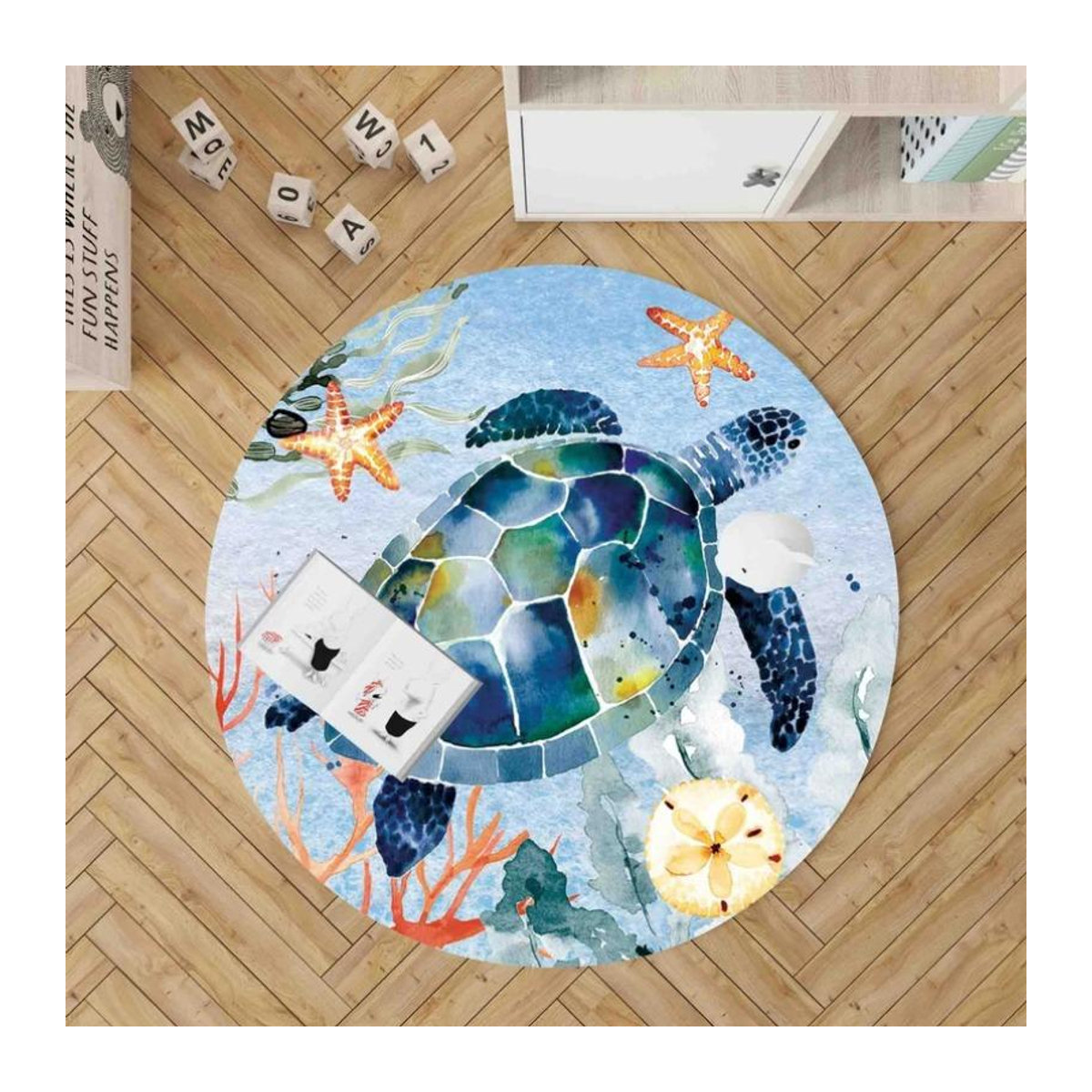Bunter Meeresschildkröten-Kreisteppich mit Seesternen und Korallen in Blau, Grün und Orange, B/B/H: 40 x 40 x 0 cm - Bild 1