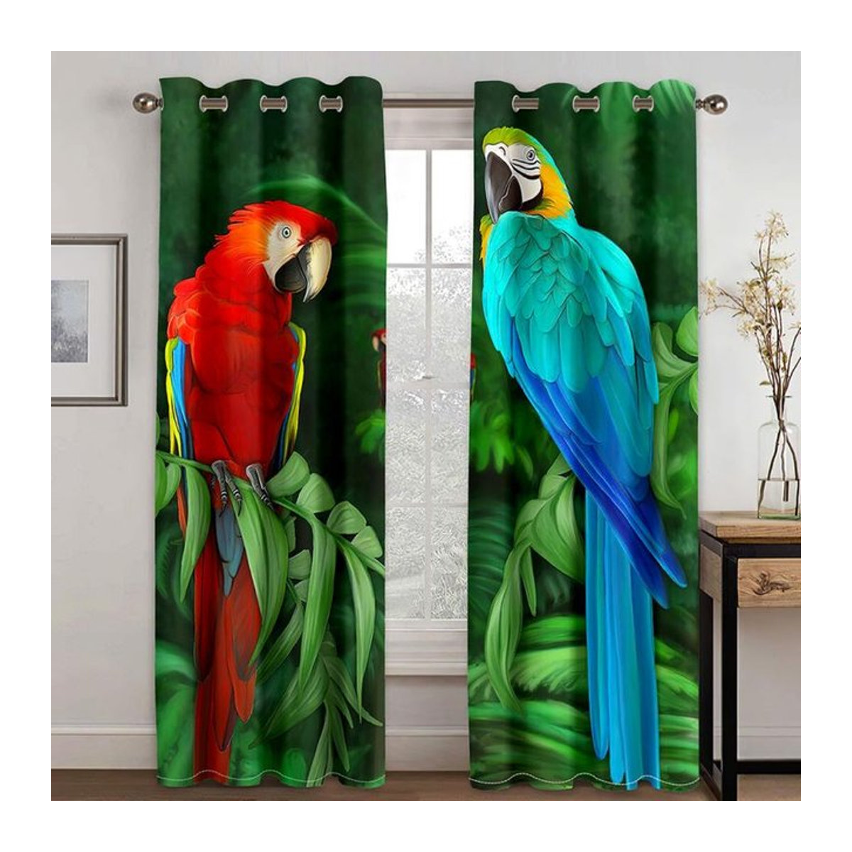 Bunter Papagei und tropische Bananenblatt Gardinen Set aus 2 Stück von Tonnika Chen, multicolor, lichtfilternd, Breite: 100 cm, Höhe: 130 cm - Bild 1