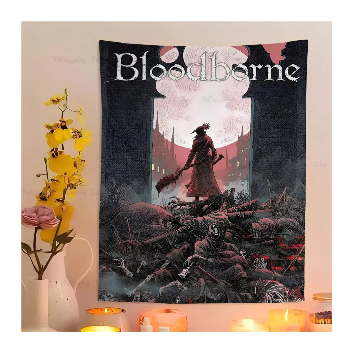 Bunter Wandteppich Bloodborne mit floralem Design in Mehrfarbig, Rechteckiger Wandbehang aus Textil, B/H: 90 x 60 cm - Bild 5