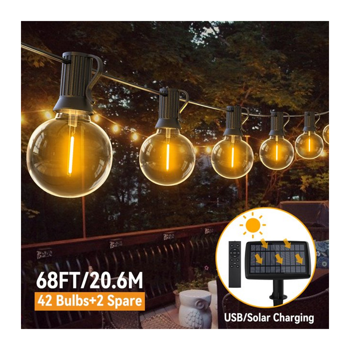 Burhui Solar-Lichterkette G40 S14 im Retro-Design, wetterfeste Solarleuchte für den Außenbereich, Schwarz - Bild 1