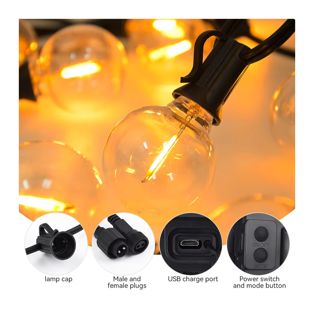 Burhui Solar-Lichterkette G40 S14 im Retro-Design, wetterfeste Solarleuchte für den Außenbereich, Schwarz - Bild 3
