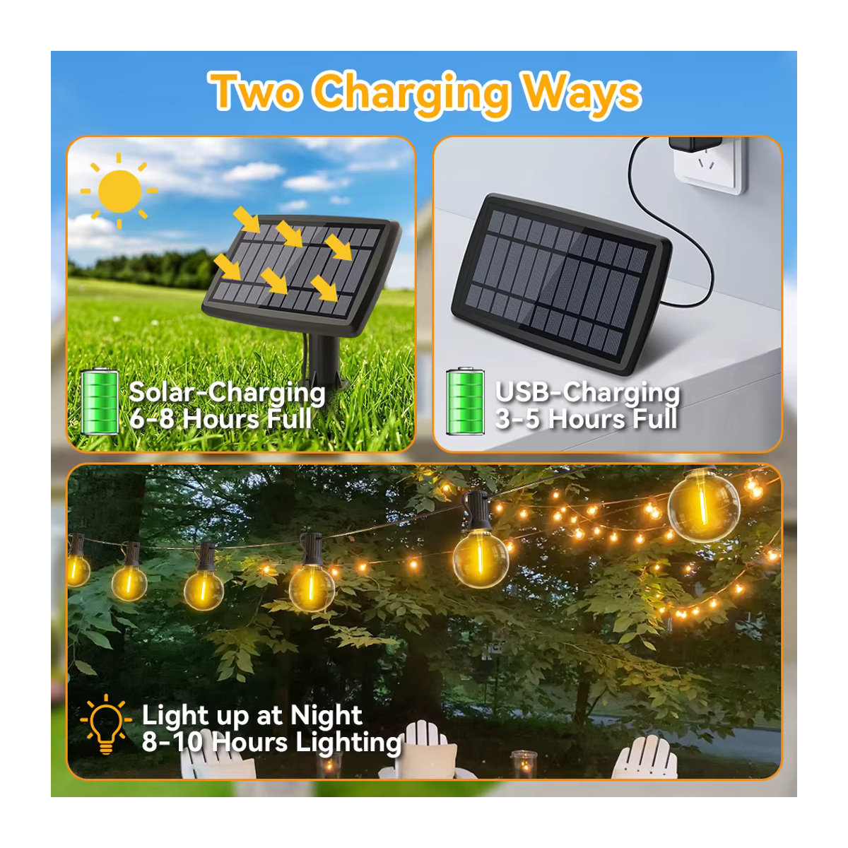 Burhui Solar-Lichterkette G40 S14 im Retro-Design, wetterfeste Solarleuchte für den Außenbereich, Schwarz - Bild 5