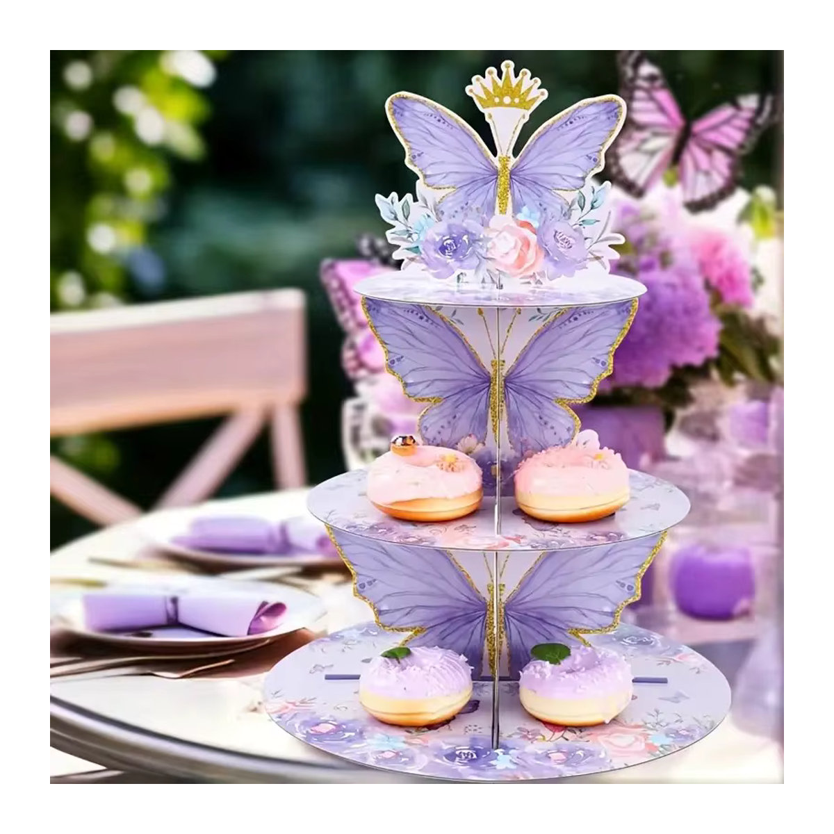 Buttleply 3-stufiger Cupcake-Ständer aus Papier in Lila mit Schmetterlings- und Blumen-Design für Geburtstage - Bild 2
