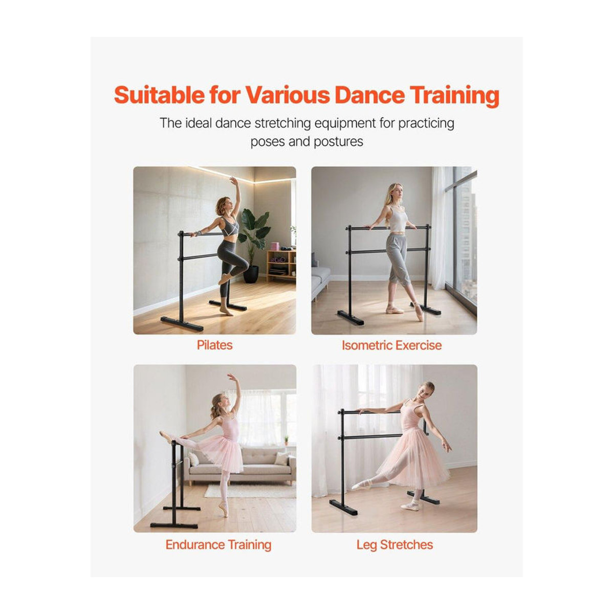 Buying Solutions MB Doppelte Ballettstange Schwarz, Tragbare und Höhenverstellbare Ballettstange für Training und Dehnung, Selbststehendes Ballettstangen-System für Fitness und Studio - Bild 2