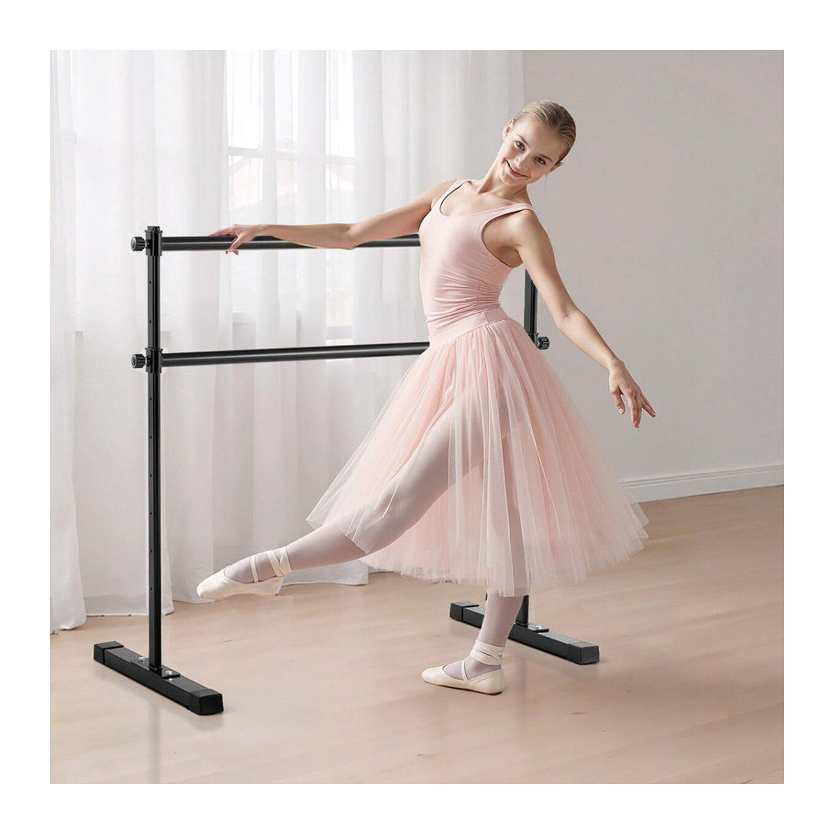 Buying Solutions MB Doppelte Ballettstange Schwarz, Tragbare und Höhenverstellbare Ballettstange für Training und Dehnung, Selbststehendes Ballettstangen-System für Fitness und Studio - Bild 3