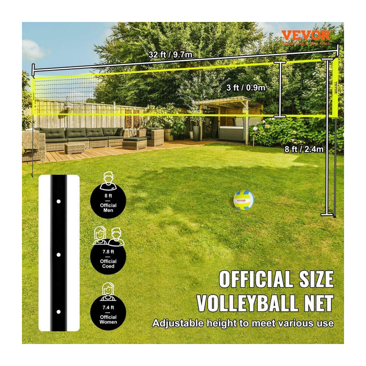 Buying Solutions MB Tragbares Outdoor-Volleyballnetzsystem mit höhenverstellbaren Stahlstangen und professionellem Volleyballset inklusive PVC-Ball, Pumpe und Tragetasche - Bild 2