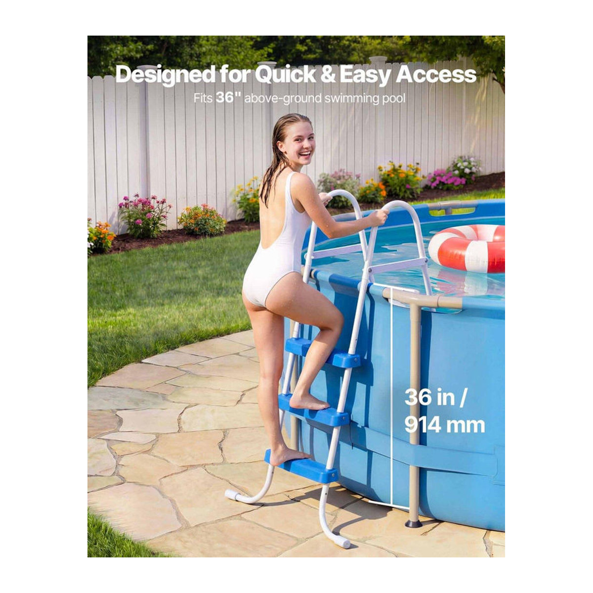 Buying Solutions MB Überflur-Poolleiter aus Stahl mit 3 Stufen für 91,4 cm hohe Wände, Tragfähigkeit 136 kg, rutschfest, in Weiß, Blau oder Schwarz/Weiß - Bild 2