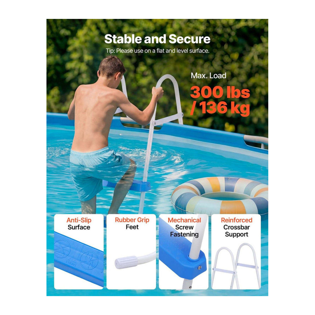 Buying Solutions MB Überflur-Poolleiter aus Stahl mit 3 Stufen für 91,4 cm hohe Wände, Tragfähigkeit 136 kg, rutschfest, in Weiß, Blau oder Schwarz/Weiß - Bild 3