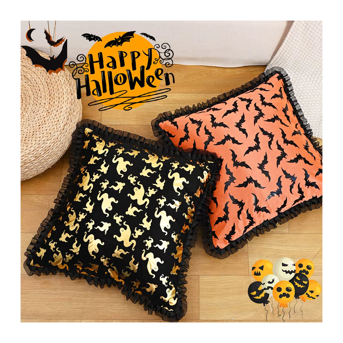 BUYNOW Halloween Kissenbezug mit Mesh-Spitze und lila Fledermäusen, B/B: 45,7 x 45,7 cm - Bild 2