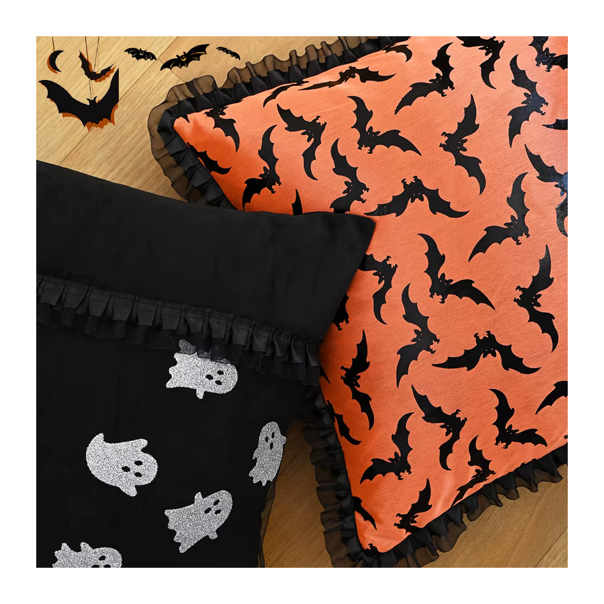 BUYNOW Halloween Kissenbezug mit Mesh-Spitze und lila Fledermäusen, B/B: 45,7 x 45,7 cm - Bild 3