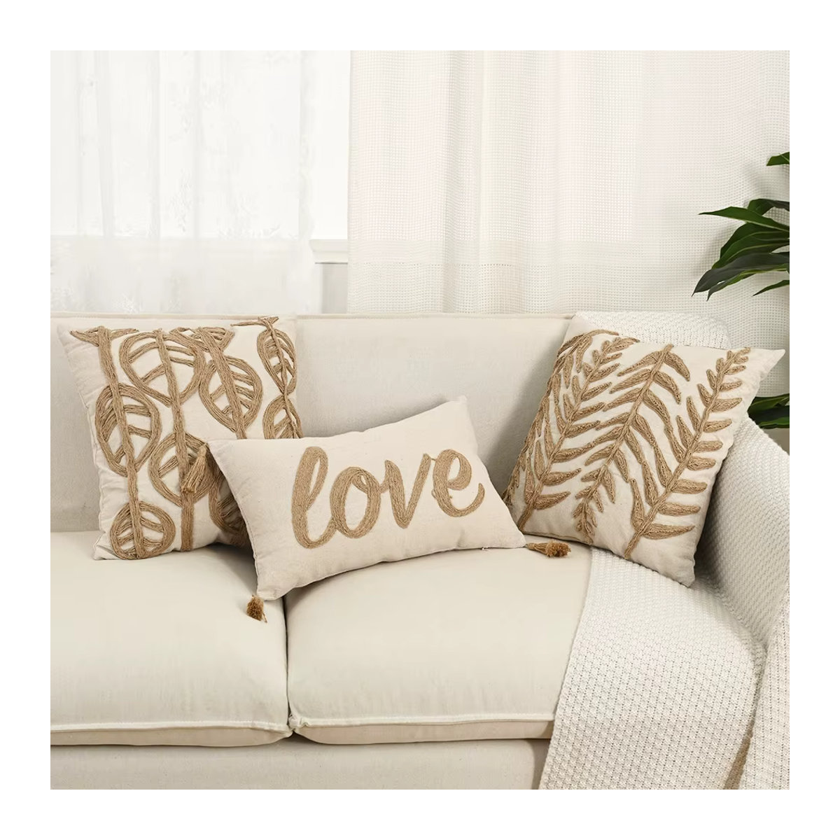 BUYNOW Kissenbezug aus Hanfseil in Beige mit Blätter-Stickerei und Quasten im Boho-Stil - Bild 2
