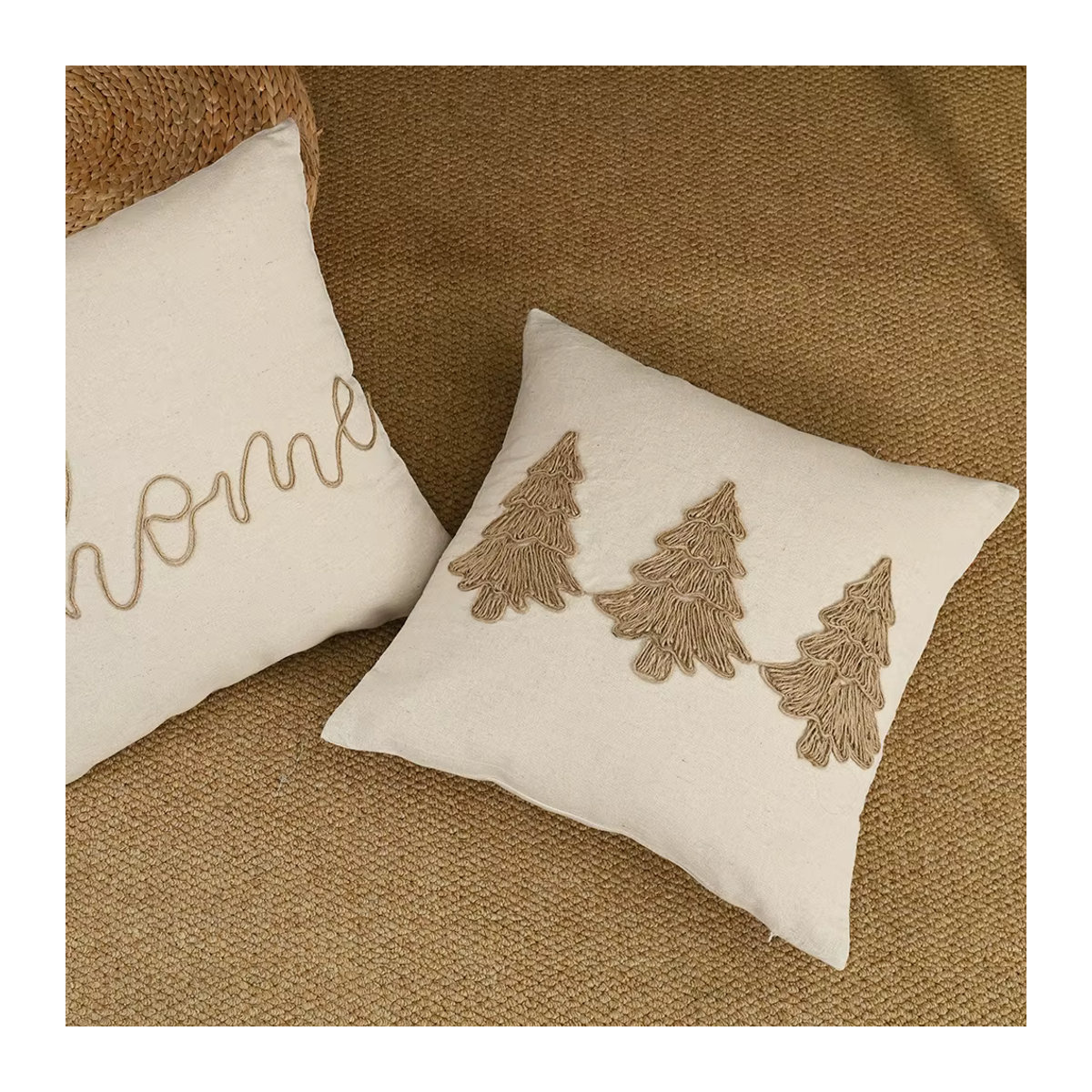 BUYNOW Kissenbezug aus Hanfseil in Beige mit Blätter-Stickerei und Quasten im Boho-Stil - Bild 3