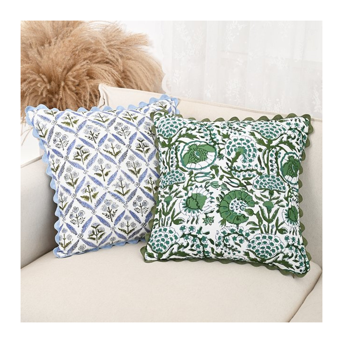BUYNOW Kissenbezug mit Blumen Jacquard Spitze in Blau und Grün im Vintage Pastoral Stil für dein Wohnzimmer oder Schlafzimmer - Bild 1