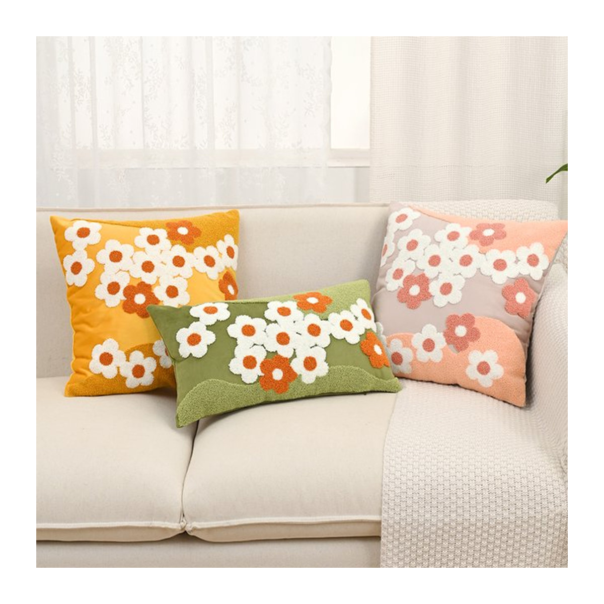 BUYNOW Kissenbezug mit Blumenstickerei in Grün im Vintage-Stil für Sofa und Wohnzimmer - Bild 1