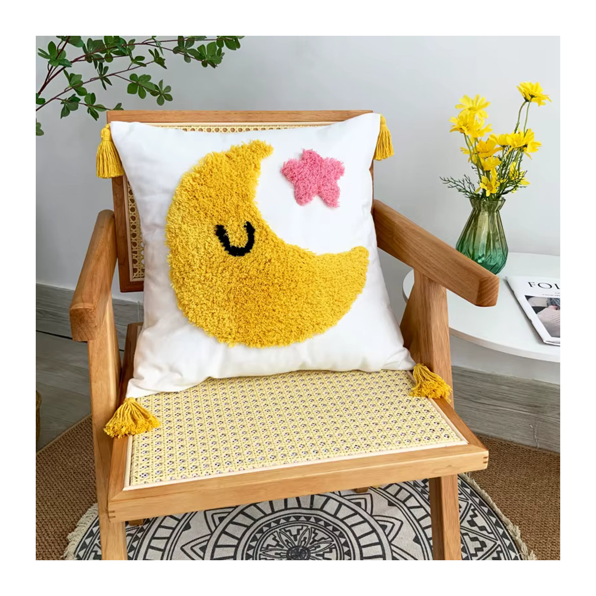 BUYNOW Kissenbezug mit Tufting-Design Sonne Mond Wolken und Regen in Weiß mit rustikaler Spitze - Bild 3