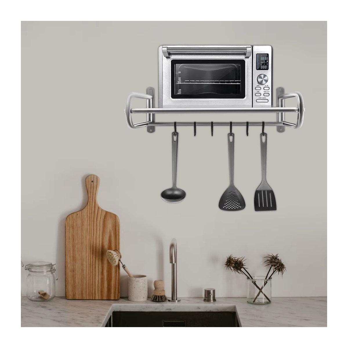 BYMAOCAR Mikrowellen-Wandhalterung aus Edelstahl in Silber mit 6 Haken und 30 kg Belastbarkeit für Mikrowellen, Toaster und Utensilien - Bild 2