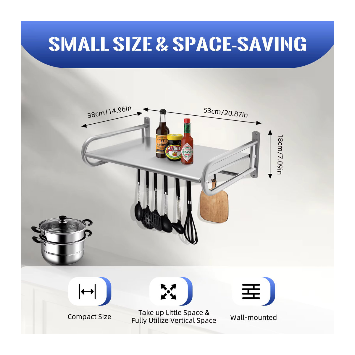 BYMAOCAR Mikrowellen-Wandhalterung aus Edelstahl in Silber mit 6 Haken und 30 kg Belastbarkeit für Mikrowellen, Toaster und Utensilien - Bild 3