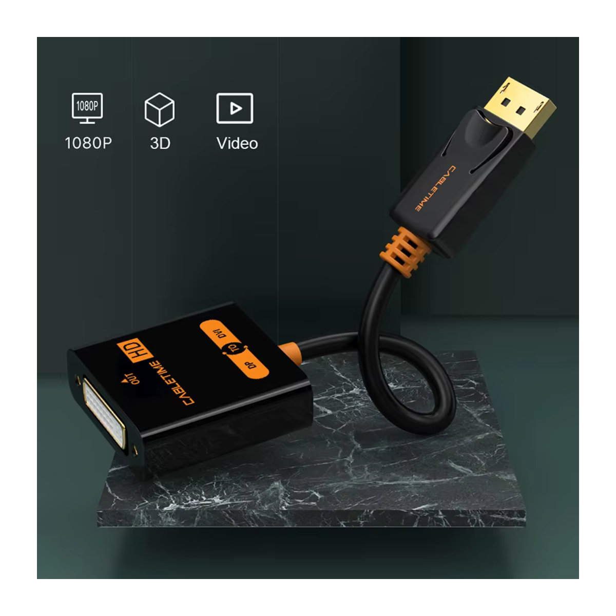 CABLETIME DisplayPort zu DVI Adapter HD Konverter in Schwarz für Laptop, HDTV und Monitor - Bild 2