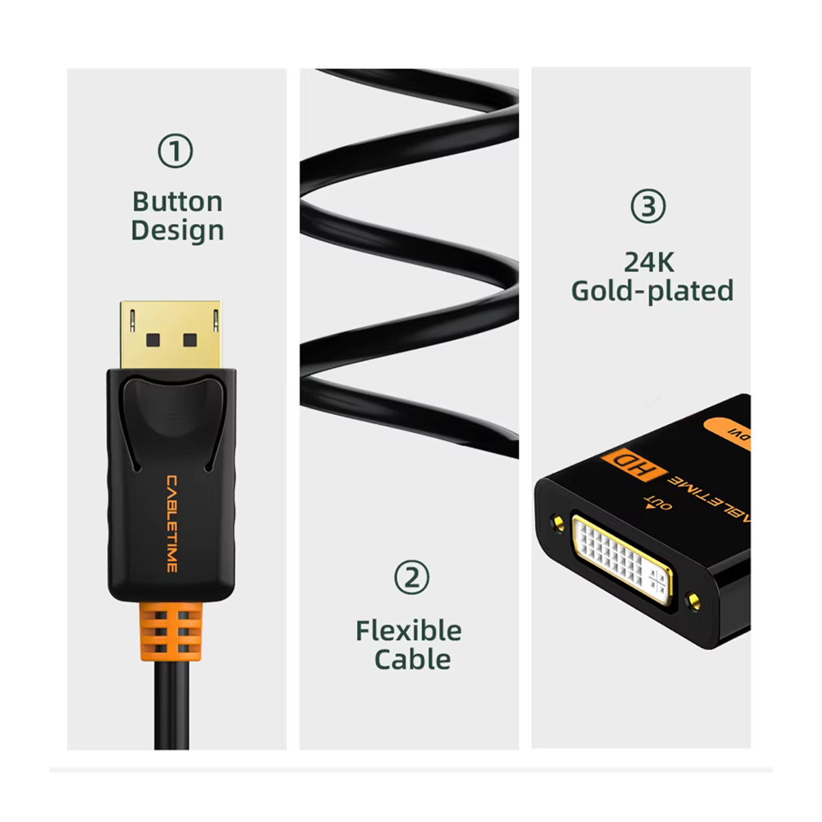 CABLETIME DisplayPort zu DVI Adapter HD Konverter in Schwarz für Laptop, HDTV und Monitor - Bild 3
