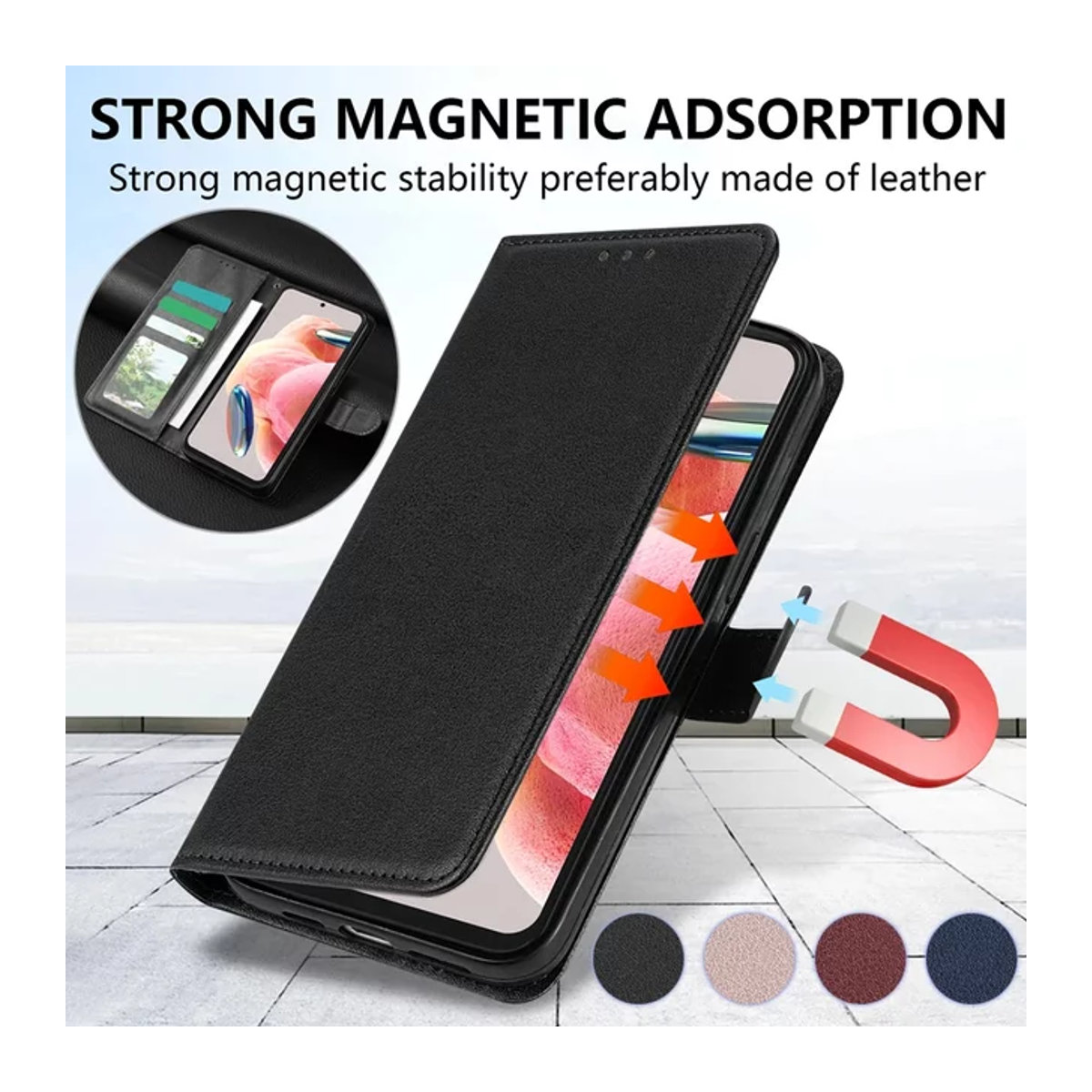 Cacash Magnetische Flip-Ledertasche mit Kartensteckplatz und Fotorahmen-Ständer für Xiaomi Redmi Note 14 Pro+ 13 12S 11 10 9 Pro 8T 7 in Rot oder Schwarz - Bild 1
